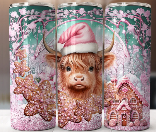 Pink Christmas Highland Cow Tumbler Design